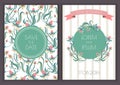 Vector retro card template with seamless floral pattern background. Turquoise flower wreath and ribbon illustration. Concept for Royalty Free Stock Photo