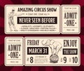 Vector retro circus ticket front and back templates with typography and hand drawn magician and elephant.