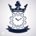 Vector retro cog wheel and clock with crown, business organizer symbol. Production process planning conceptual icon.