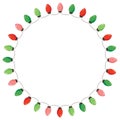 Vector Retro Colorful Holiday Christmas and New Year String Lights Isolated Round Frame on White Background Royalty Free Stock Photo