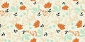 Vector retro delicate colours orange green wild floral elements forest seamless pattern background