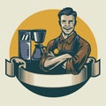 Retro design barista posing with the espresso machine background