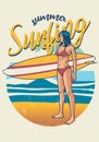 Retro design girl holding surf board