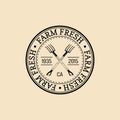 Vector retro family farm logotype. Organic premium quality products badge. Vintage hand sketched pitchforks icon.