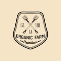 Vector retro family farm logotype. Organic premium quality products badge. Vintage hand sketched pitchforks icon.