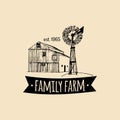 Vector retro family farm logotype.Organic premium quality products poster.Vintage hand sketched barn and windmill icons.