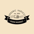 Vector retro farm fresh logotype. Organic premium quality products logo. Vintage hand sketched haystack icon.