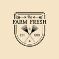 Vector retro farm fresh logotype. Organic quality products logo. Eco food sign. Vintage hand sketched pitchforks icon.