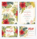 Vector Retro Floral Exotic Tropical Wedding Invitation, Thank you, RSVP Card Set. See portfolio for matching dinner set