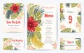Vector Retro Floral Exotic Tropical Wedding Save the Date, Menu Card Set. See portfolio for matching invitation set