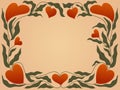 Vector retro frame with leaves and hearts. Vintage banner or template with creeper.