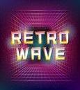 Retro Futuristic Illustration in Style of 80s. Laser Grids in Outer Space and `Retrowave` Text