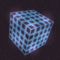 Retro Futuristic Illustration in Style of 80s. Laser Neon Mesh Cubes Matrix in Space