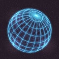 Retro Futuristic Illustration in Style of 80s. Laser Neon Mesh Globe in Space