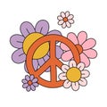 Vector retro groovy colorful peace and flowers