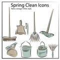 Vector retro hand drawn cleaning equipment, mop, bucket, broom, dustpan and brush, duster. Spring clean chores elements