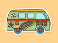 Vector Retro Hippie Van sticker isolated on yellow background. 70s style cartoon camper with rainbow and flowers Royalty Free Stock Photo