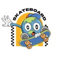 Vector retro Illustration of Earth wear a hat playing skateboard