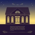 Vector retro illustration with old house, floral decorative elem