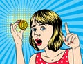 Vector retro illustration pop art comic style of a beautiful woman hold a bitcoin.