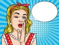 Vector retro illustration of pop art comic style emotional woman trying to tell secret message.