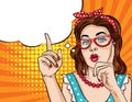 Vector Retro Illustration Pop Art Comic Style Of A Pretty Woman In Eyeglasses Pointing Finger Up.