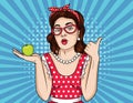 Vector retro illustration pop art comic style of a pretty woman in eyeglasses pointing finger up Royalty Free Stock Photo