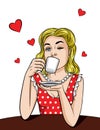 Vector Retro Illustration Pop Art Comic Style Of A Pretty Woman In Red Dress Drinking A Coffee Isolated From White Background.