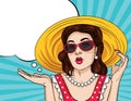 Vector retro illustration pop art comic style of a pretty woman in red dress wear sunglasses and a hat. Royalty Free Stock Photo