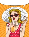 Summer Time Vintage Poster Of A Beautiful Girl Drinking A Cocktail With Orange Juice