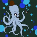 Retro octopus in hat, monocle and tube in blue color