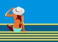 A vector retro poster with a girl in a big hat sitting on the pool or beach. A woman from the back back looking at the Royalty Free Stock Photo