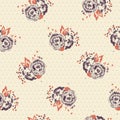 Vector Retro Roses on Dotted Texture seamless pattern background.