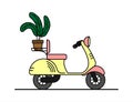 Vector retro scooter with a trunk, with a flower in the trunk; vintage stylish moped for a girl; scooter for delivery; isolated on Royalty Free Stock Photo