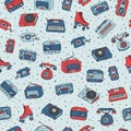 Vector retro seamless pattern with antique tech, radio, typewriter, roller skates and vinyl record player on the dotted