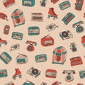 Vector retro seamless pattern with antique tech, scooter, juke b Royalty Free Stock Photo