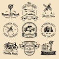 Vector retro set of farm fresh logotypes. Vintage labels with hand sketched agricultural equipment illustrations. Royalty Free Stock Photo