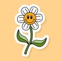 Vector Retro Smiling Chamomile sticker isolated on yellow background. 70s style cartoon icon white contour