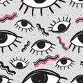 Vector retro style futuristic seamless pattern. Vintage colorful background. All seeing eye symbol. Eighties fashion illustration.