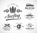 Vector Retro Style Surfing Labels, Logo Templates or T-shirt Graphic Design Featuring Surfboards, Surf Woodie Car Royalty Free Stock Photo
