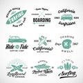 Vector Retro Style Surfing Labels, Logos or T-shirt Graphic Design Featuring Surfboards, Surf Woodie Car, Motorcycle Royalty Free Stock Photo