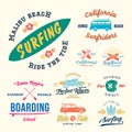 Vector Retro Style Surfing Labels, Logos or T-shirt Graphic Design Featuring Surfboards, Surf Woodie Car, Motorcycle Royalty Free Stock Photo