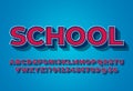 Vector retro stylish Emblem School. Cool and Bright 3D Alphabet Letters, Numbers and Symbols