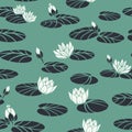 Vector Retro Water Lilies in Swan Pond seamless pattern background. Royalty Free Stock Photo