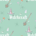 Vector Retro Witchcraft Essentials on Pastel Green seamless pattern background. Perfect for fabric, scrapbooking and