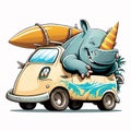 Cartoon rhinoceros rides a car with a surfboard