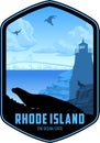 Vector Rhode Island vector label with Harbor seal and seagulls near lighthouse