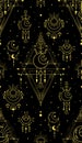 Vector rich texture with golden occult symbols with stars and crescent on black background. Mystical luxury geometric pattern Royalty Free Stock Photo