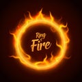 Vector ring of orange fire with sparks. Procedural fire flames burn around glowing circle. Fire burning circle on a