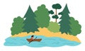 Vector river and forest landscape. Environment friendly concept with trees, lake and boat. Ecological or outdoor camping
